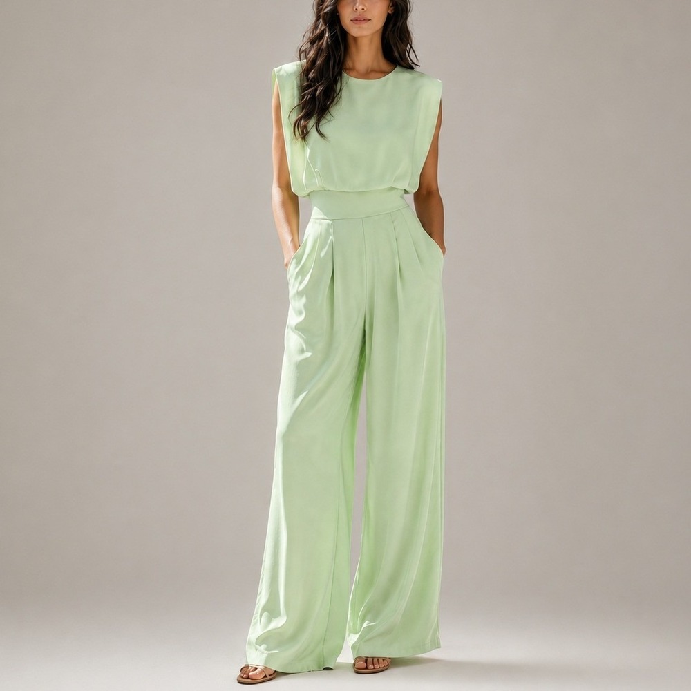 FEHAUTE Sage Green Dressy Jumpsuit 6 Wide Leg Pockets
